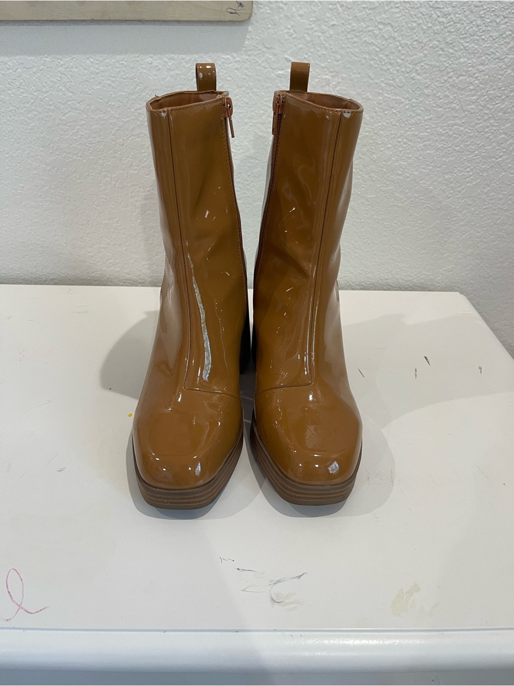 Patent Tan Platform Ankle Booties